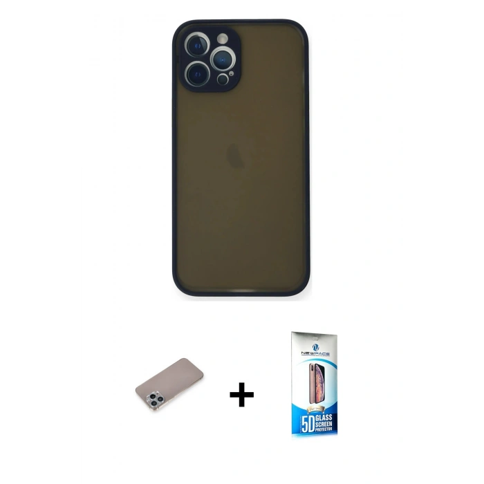 MARSİLYAN™- iPhone 12 Pro Max Kılıf Ahenk Çizgi Serisi - Siyah 5D Eko Cam Ekran Koruyucu + Shine Kamera Lens Koruma Cam - SABE