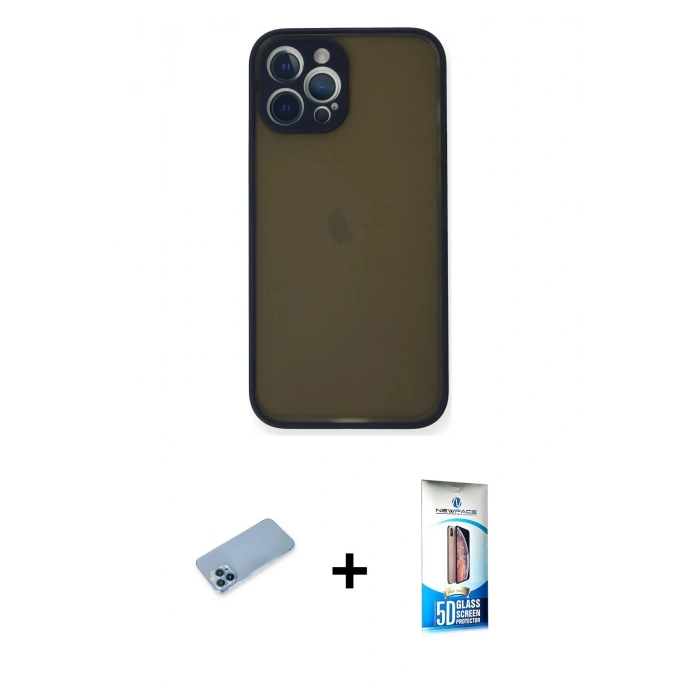 MARSİLYAN™- iPhone 12 Pro Max Kılıf Ahenk Çizgi Serisi - Siyah 5D Eko Cam Ekran Koruyucu + Shine Kamera Lens Koruma Cam - MI