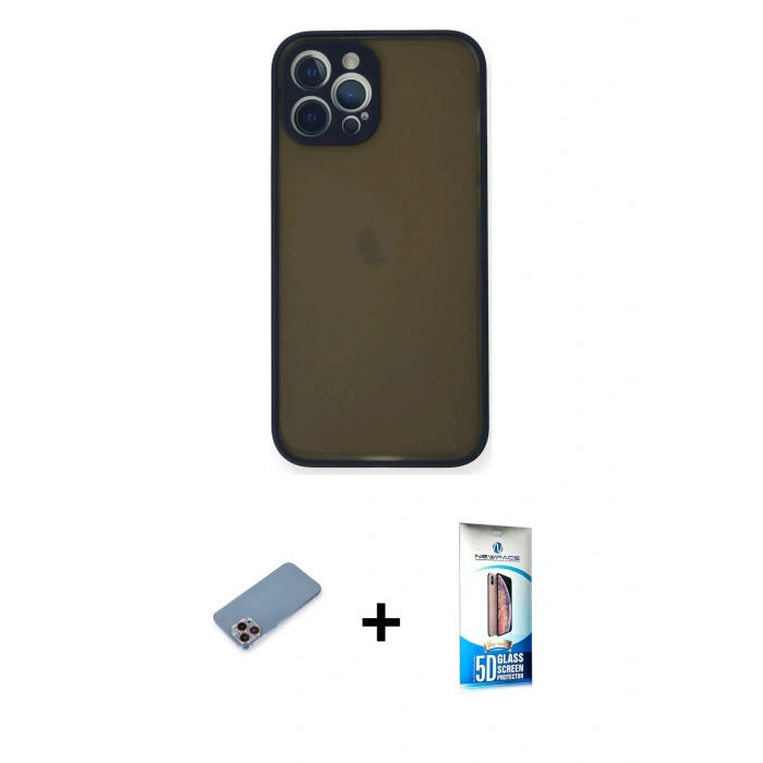 MARSİLYAN™- iPhone 12 Pro Max Kılıf Ahenk Çizgi Serisi - Siyah 5D Eko Cam Ekran Koruyucu + Shine Kamera Lens Koruma Cam - PE