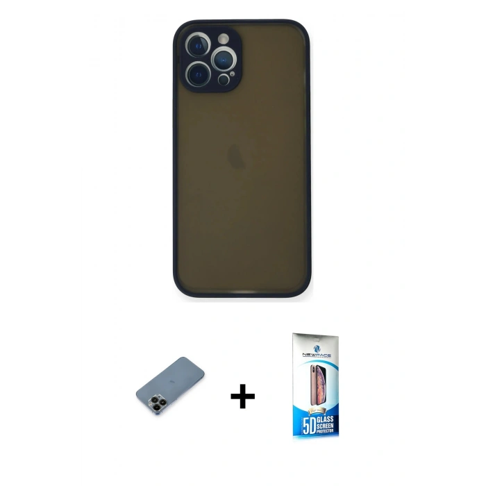 MARSİLYAN™- iPhone 12 Pro Max Kılıf Ahenk Çizgi Serisi - Siyah 5D Eko Cam Ekran Koruyucu + Shine Kamera Lens Koruma Cam - SH