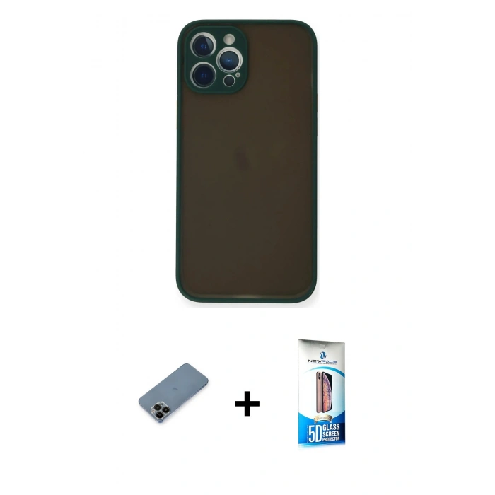 MARSİLYAN™- iPhone 12 Pro Max Kılıf Ahenk Çizgi Serisi - Siyah 5D Eko Cam Ekran Koruyucu + Shine Kamera Lens Koruma Cam - SH