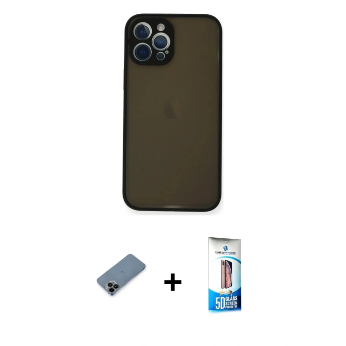 MARSİLYAN™- iPhone 12 Pro Max Kılıf Ahenk Çizgi Serisi - Siyah 5D Eko Cam Ekran Koruyucu + Shine Kamera Lens Koruma Cam - SH