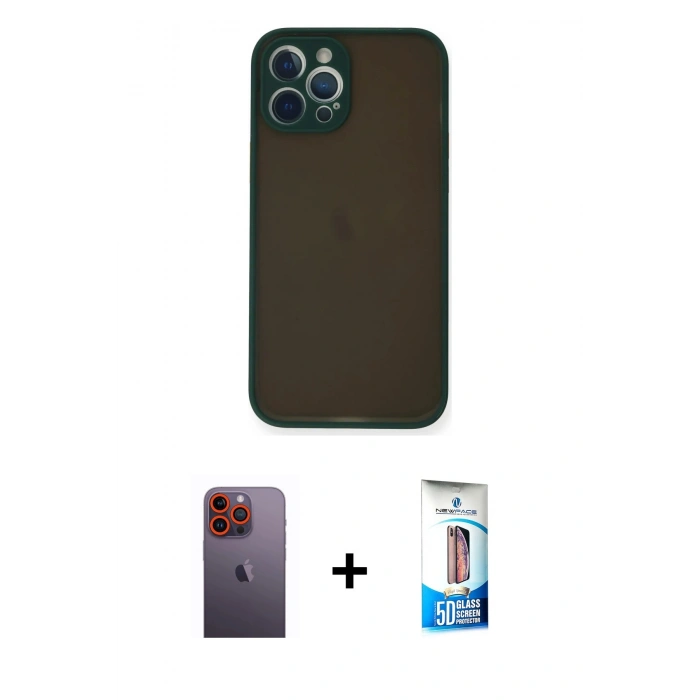 MARSİLYAN™- iPhone 12 Pro Max Kılıf Ahenk Çizgi Serisi - Siyah 5D Eko Cam Ekran Koruyucu + Neon Fosforlu Kamera Lens - TU