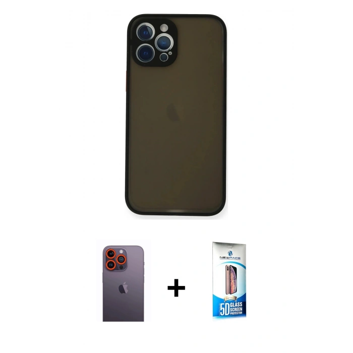 MARSİLYAN™- iPhone 12 Pro Max Kılıf Ahenk Çizgi Serisi - Siyah 5D Eko Cam Ekran Koruyucu + Neon Fosforlu Kamera Lens - TU