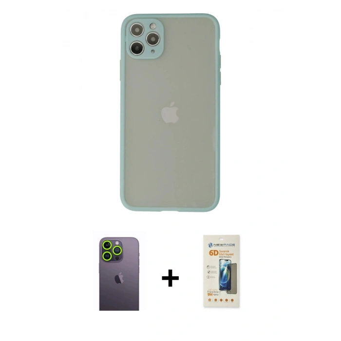 MARSİLYAN™- iPhone 12 Pro Max Kılıf Ahenk Çizgi Serisi - Siyah 6D Mat Seramik Hayalet Nano Ekran Koruyucu + Yeşil Neon Fosforlu Kamera Lens