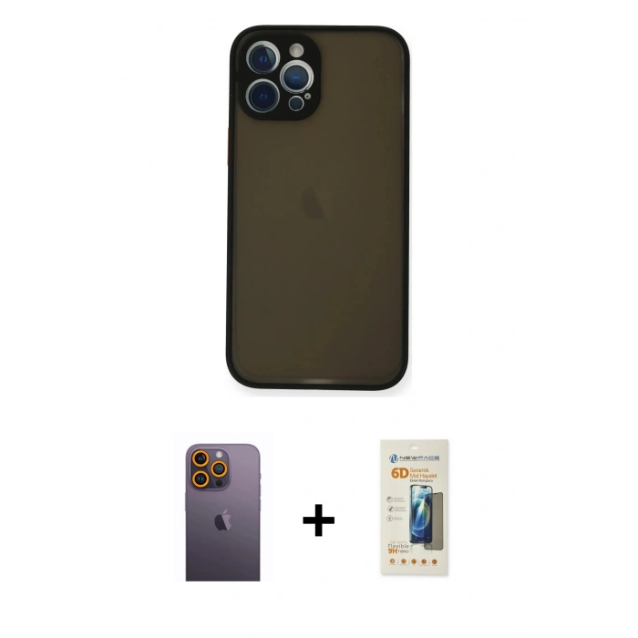 MARSİLYAN™- iPhone 12 Pro Max Kılıf Ahenk Çizgi Serisi - Siyah 6D Mat Seramik Hayalet Nano Ekran Koruyucu + Neon Fosforlu Kamera Lens - SI