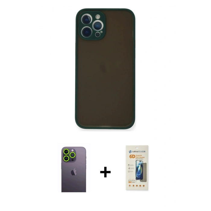 MARSİLYAN™- iPhone 12 Pro Max Kılıf Ahenk Çizgi Serisi - Siyah 6D Mat Seramik Hayalet Nano Ekran Koruyucu + Yeşil Neon Fosforlu Kamera Lens