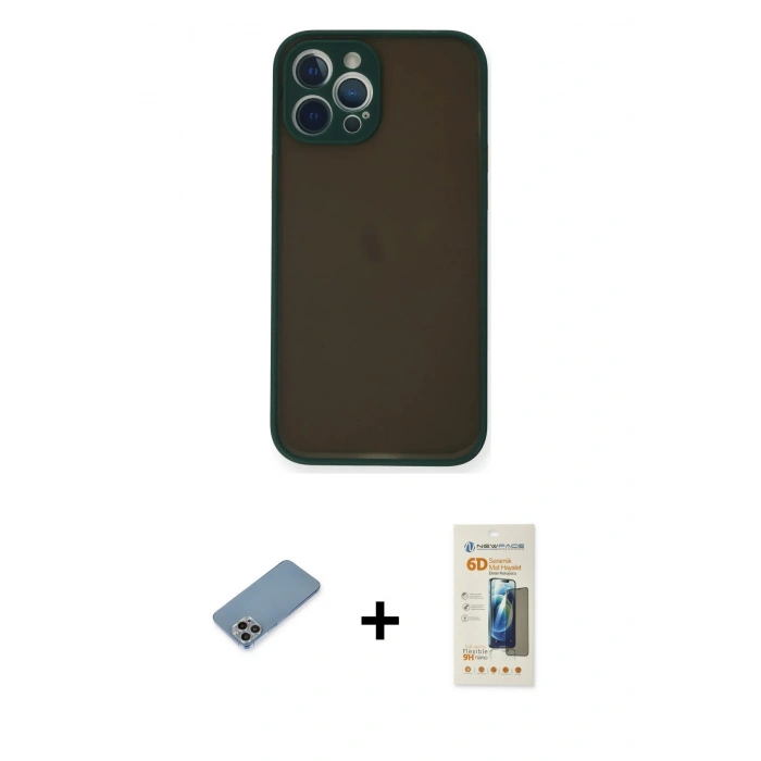 MARSİLYAN™- iPhone 12 Pro Max Kılıf Ahenk Çizgi Serisi - Siyah 6D Mat Seramik Hayalet Nano Ekran Koruyucu + Shine Kamera Lens Koruma Cam - GI