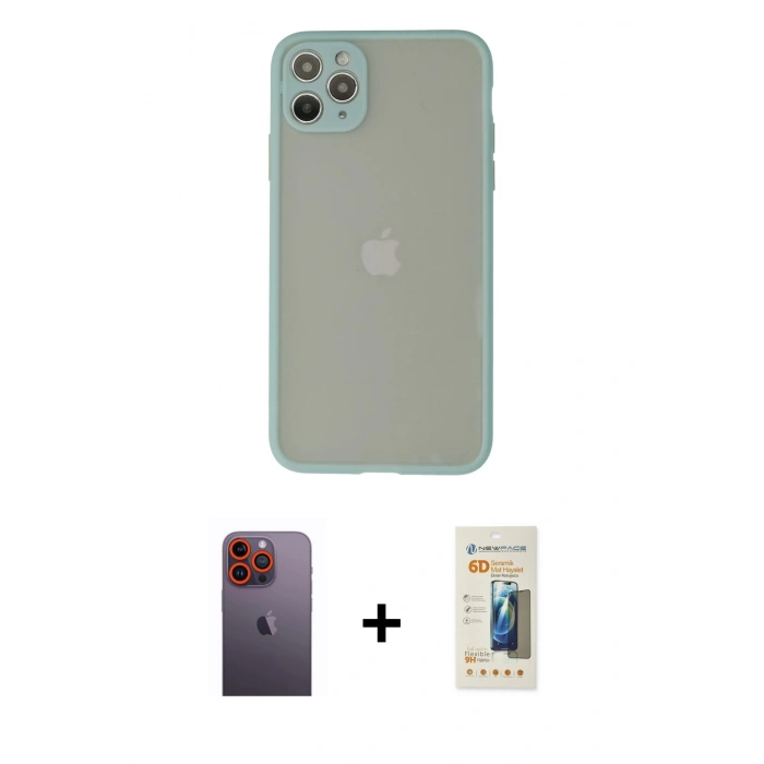 MARSİLYAN™- iPhone 12 Pro Max Kılıf Ahenk Çizgi Serisi - Siyah 6D Mat Seramik Hayalet Nano Ekran Koruyucu + Neon Fosforlu Kamera Lens - TU