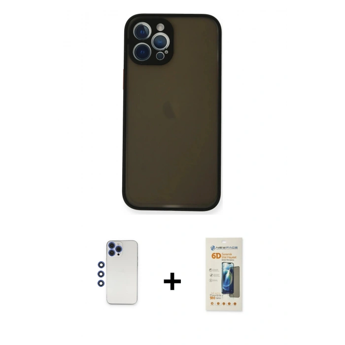 MARSİLYAN™- iPhone 12 Pro Max Kılıf Ahenk Çizgi Serisi - Siyah 6D Mat Seramik Hayalet Nano Ekran Koruyucu + Shine Kamera Lens - LT