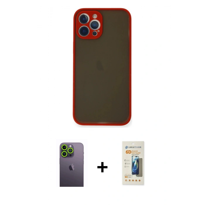 MARSİLYAN™- iPhone 12 Pro Max Kılıf Ahenk Çizgi Serisi - Siyah 6D Mat Seramik Hayalet Nano Ekran Koruyucu + Yeşil Neon Fosforlu Kamera Lens