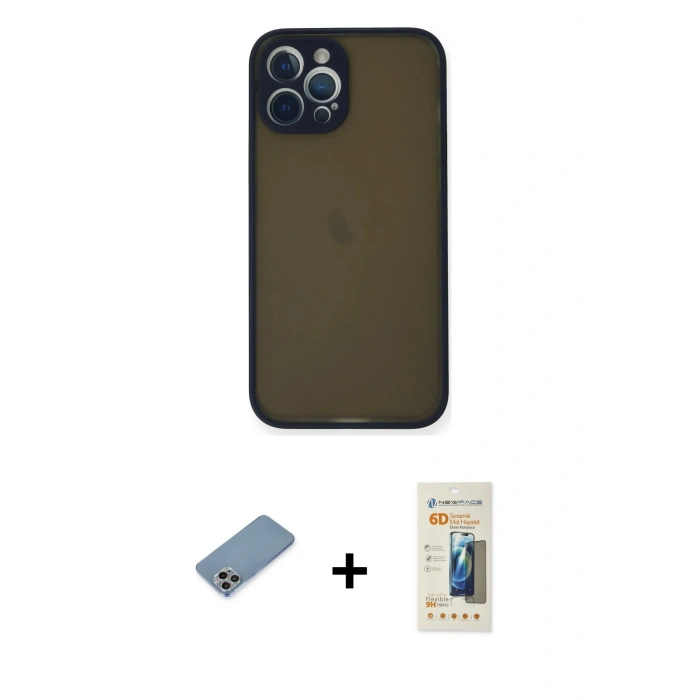 MARSİLYAN™- iPhone 12 Pro Max Kılıf Ahenk Çizgi Serisi - Siyah 6D Mat Seramik Hayalet Nano Ekran Koruyucu + Shine Kamera Lens Koruma Cam - GI
