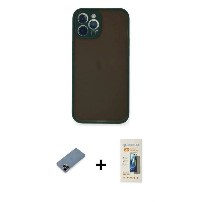 MARSİLYAN™- iPhone 12 Pro Max Kılıf Ahenk Çizgi Serisi - Siyah 6D Mat Seramik Hayalet Nano Ekran Koruyucu + Shine Kamera Lens Koruma Cam - SH