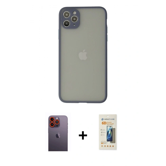 MARSİLYAN™- iPhone 12 Pro Max Kılıf Ahenk Çizgi Serisi - Siyah 6D Mat Seramik Hayalet Nano Ekran Koruyucu + Neon Fosforlu Kamera Lens - TU