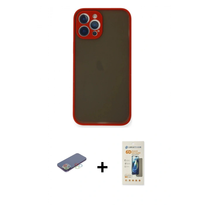 MARSİLYAN™- iPhone 12 Pro Max Kılıf Ahenk Çizgi Serisi - Siyah 6D Mat Seramik Hayalet Nano Ekran Koruyucu + Mavi Renkli Kamera Lens Koruma Cam