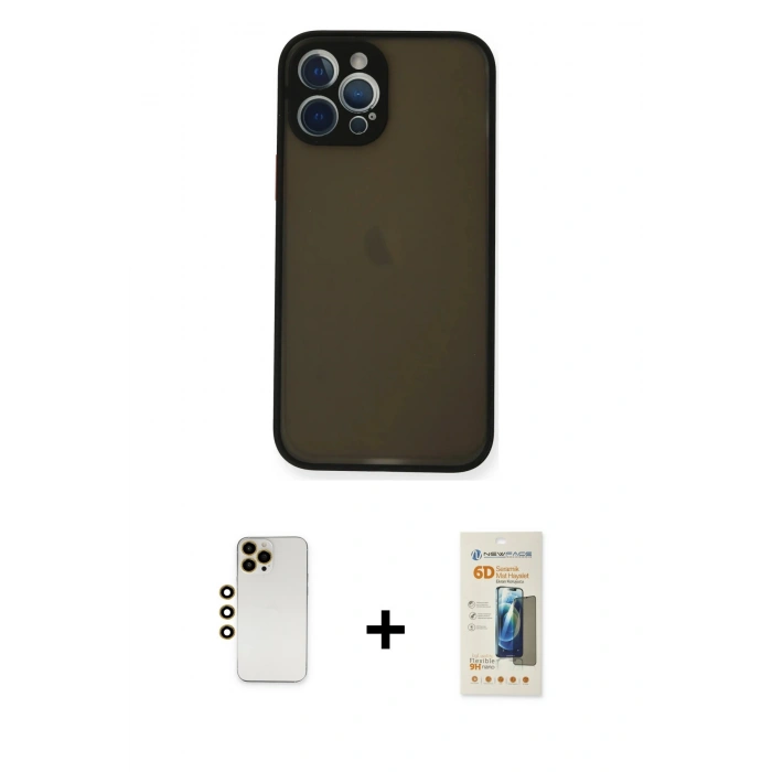 MARSİLYAN™- iPhone 12 Pro Max Kılıf Ahenk Çizgi Serisi - Siyah 6D Mat Seramik Hayalet Nano Ekran Koruyucu + Shine Kamera Lens - GD