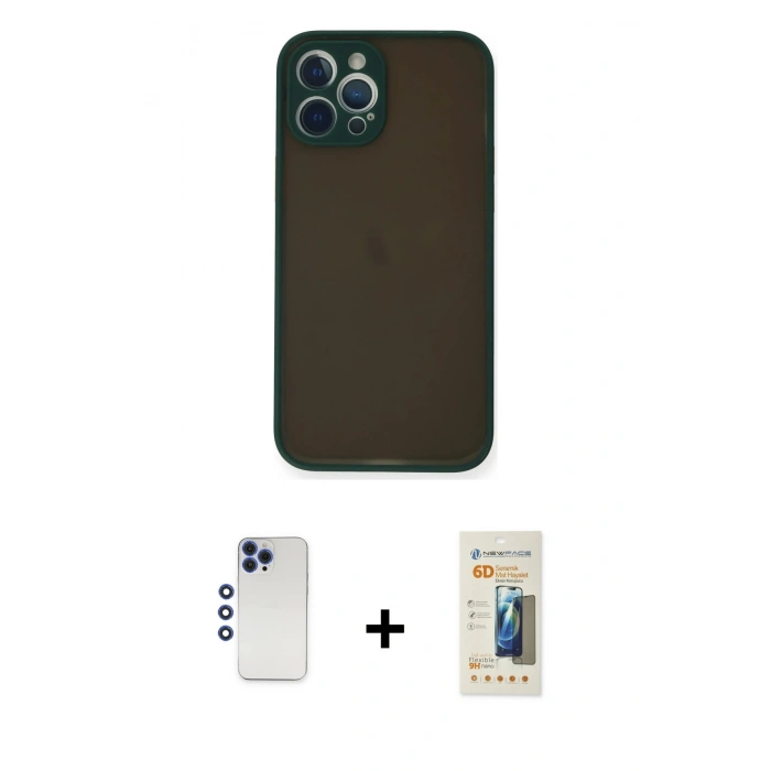 MARSİLYAN™- iPhone 12 Pro Max Kılıf Ahenk Çizgi Serisi - Siyah 6D Mat Seramik Hayalet Nano Ekran Koruyucu + Shine Kamera Lens - LT
