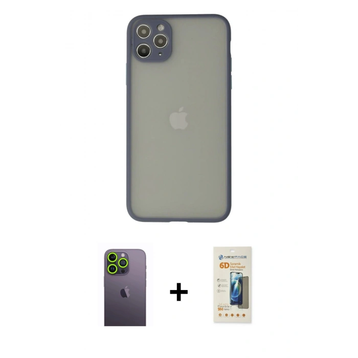 MARSİLYAN™- iPhone 12 Pro Max Kılıf Ahenk Çizgi Serisi - Siyah 6D Mat Seramik Hayalet Nano Ekran Koruyucu + Yeşil Neon Fosforlu Kamera Lens