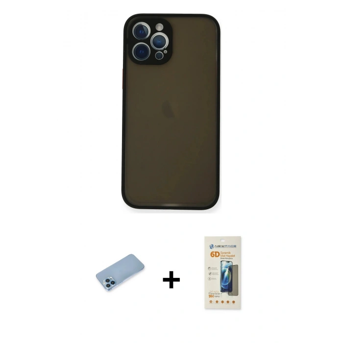 MARSİLYAN™- iPhone 12 Pro Max Kılıf Ahenk Çizgi Serisi - Siyah 6D Mat Seramik Hayalet Nano Ekran Koruyucu + Shine Kamera Lens Koruma Cam - MI