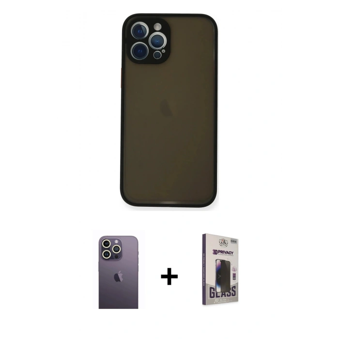 MARSİLYAN™- iPhone 12 Pro Max Kılıf Ahenk Çizgi Serisi - Siyah Bilvis Hayalet Cam Ekran Koruyucu + Neon Fosforlu Kamera Lens - BZ