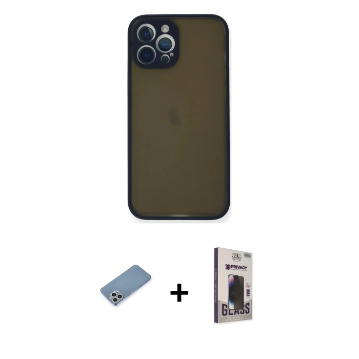 MARSİLYAN™- iPhone 12 Pro Max Kılıf Ahenk Çizgi Serisi - Siyah Bilvis Hayalet Cam Ekran Koruyucu + Shine Kamera Lens Koruma Cam - GS