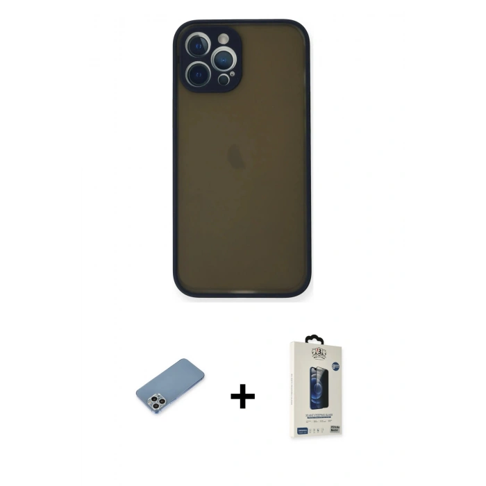 MARSİLYAN™- iPhone 12 Pro Max Kılıf Ahenk Çizgi Serisi - Siyah Bilvis Hayalet Cam Ekran Koruyucu + Shine Kamera Lens Koruma Cam - GS