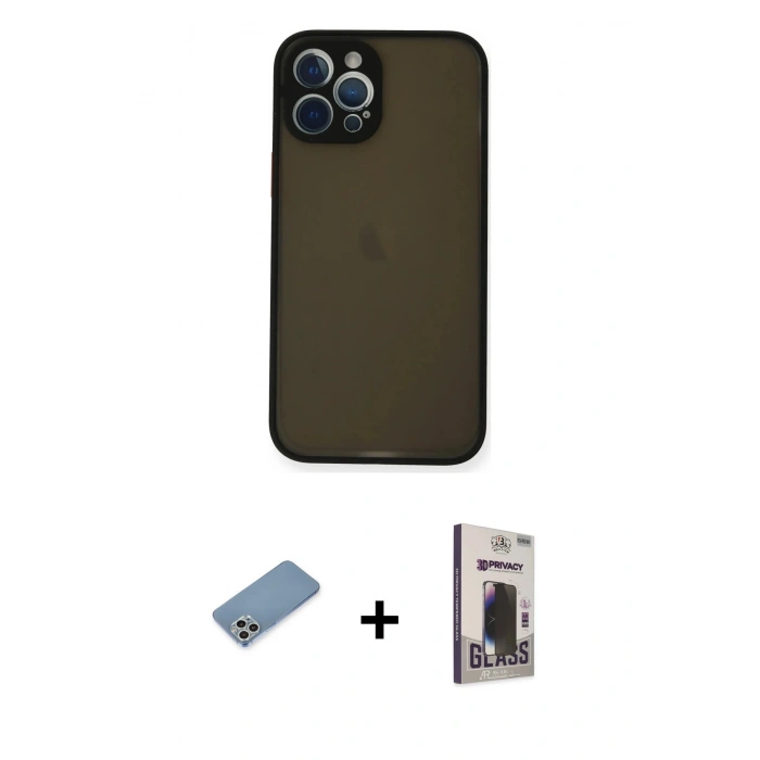 MARSİLYAN™- iPhone 12 Pro Max Kılıf Ahenk Çizgi Serisi - Siyah Bilvis Hayalet Cam Ekran Koruyucu + Shine Kamera Lens Koruma Cam - GS