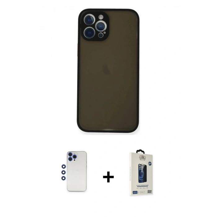MARSİLYAN™- iPhone 12 Pro Max Kılıf Ahenk Çizgi Serisi - Siyah Bilvis Hayalet Cam Ekran Koruyucu + Shine Kamera Lens - LT