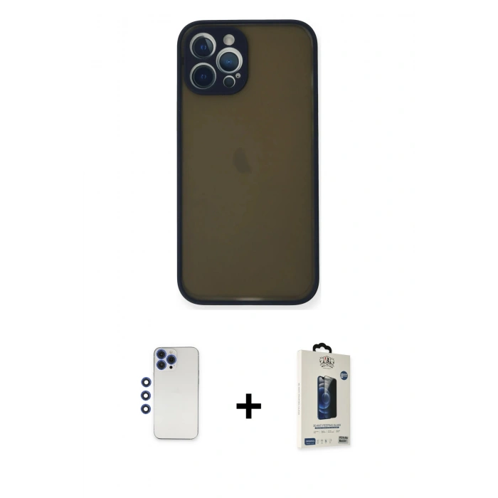 MARSİLYAN™- iPhone 12 Pro Max Kılıf Ahenk Çizgi Serisi - Siyah Bilvis Hayalet Cam Ekran Koruyucu + Shine Kamera Lens - LT