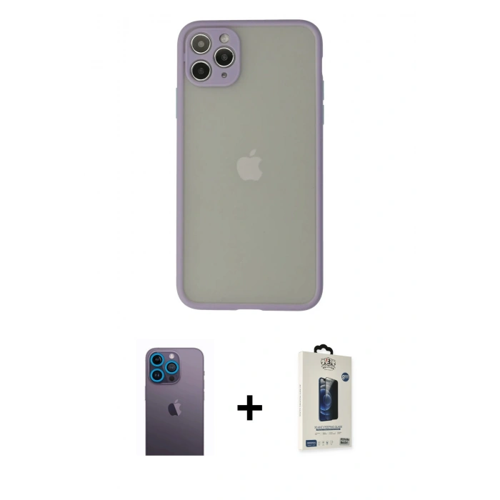 MARSİLYAN™- iPhone 12 Pro Max Kılıf Ahenk Çizgi Serisi - Siyah Bilvis Hayalet Cam Ekran Koruyucu + Neon Fosforlu Kamera Lens - MI