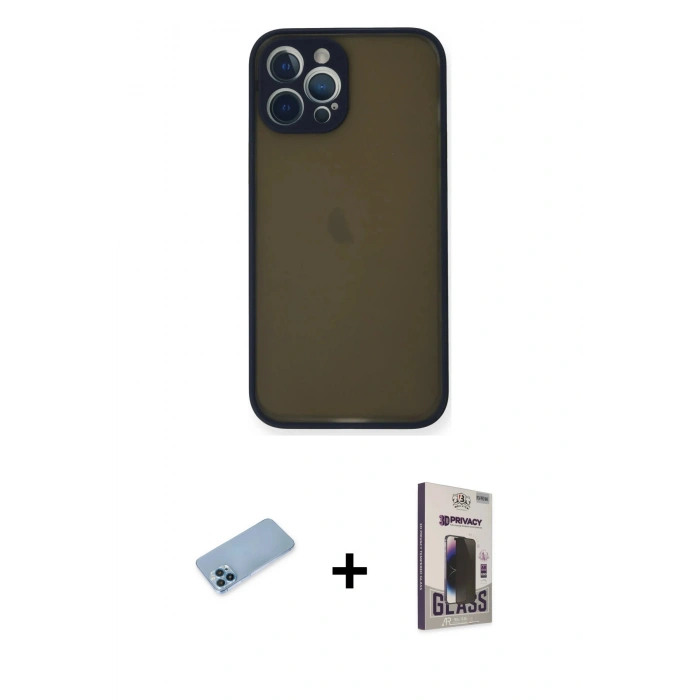 MARSİLYAN™- iPhone 12 Pro Max Kılıf Ahenk Çizgi Serisi - Siyah Bilvis Hayalet Cam Ekran Koruyucu + Shine Kamera Lens Koruma Cam - MI