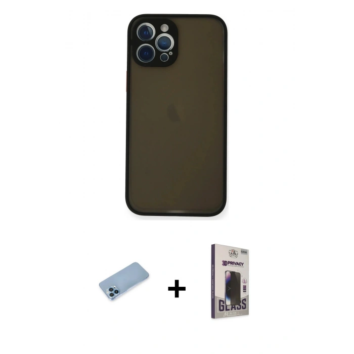 MARSİLYAN™- iPhone 12 Pro Max Kılıf Ahenk Çizgi Serisi - Siyah Bilvis Hayalet Cam Ekran Koruyucu + Shine Kamera Lens Koruma Cam - MI