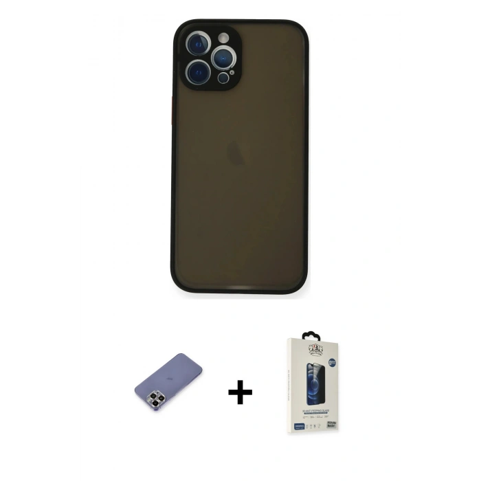 MARSİLYAN™- iPhone 12 Pro Max Kılıf Ahenk Çizgi Serisi - Siyah Bilvis Hayalet Cam Ekran Koruyucu + Metal Kamera Lens Koruma Cam - GD