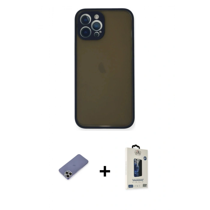 MARSİLYAN™- iPhone 12 Pro Max Kılıf Ahenk Çizgi Serisi - Siyah Bilvis Hayalet Cam Ekran Koruyucu + Metal Kamera Lens Koruma Cam - GD