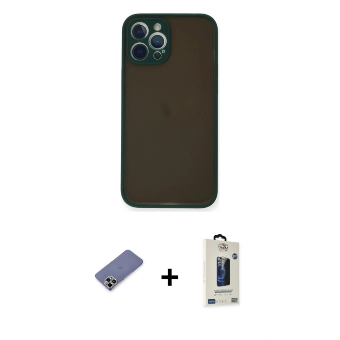 MARSİLYAN™- iPhone 12 Pro Max Kılıf Ahenk Çizgi Serisi - Siyah Bilvis Hayalet Cam Ekran Koruyucu + Metal Kamera Lens Koruma Cam - GD