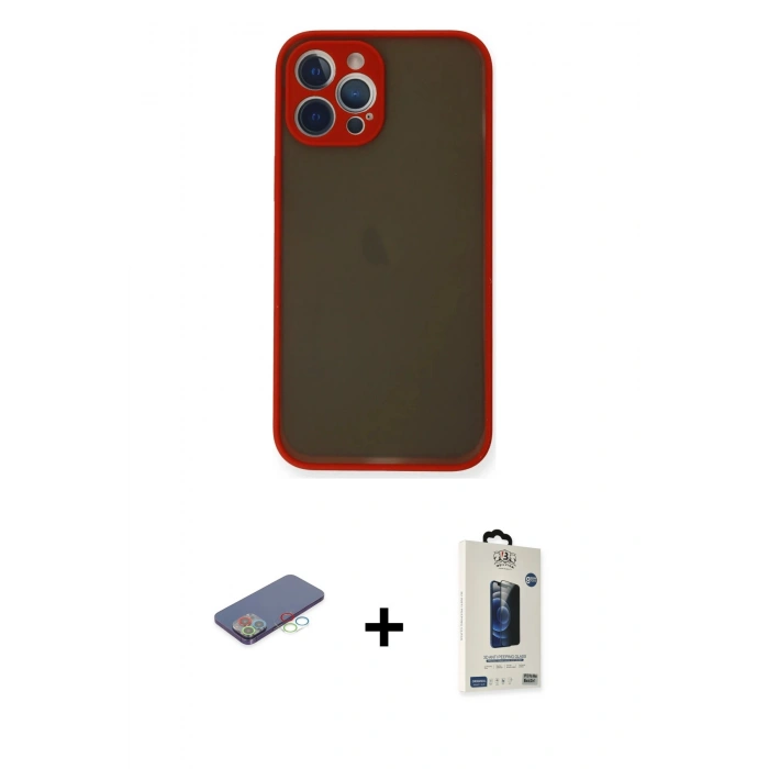 MARSİLYAN™- iPhone 12 Pro Max Kılıf Ahenk Çizgi Serisi - Siyah Bilvis Hayalet Cam Ekran Koruyucu + Renkli Kamera Lens Koruma Cam - MI