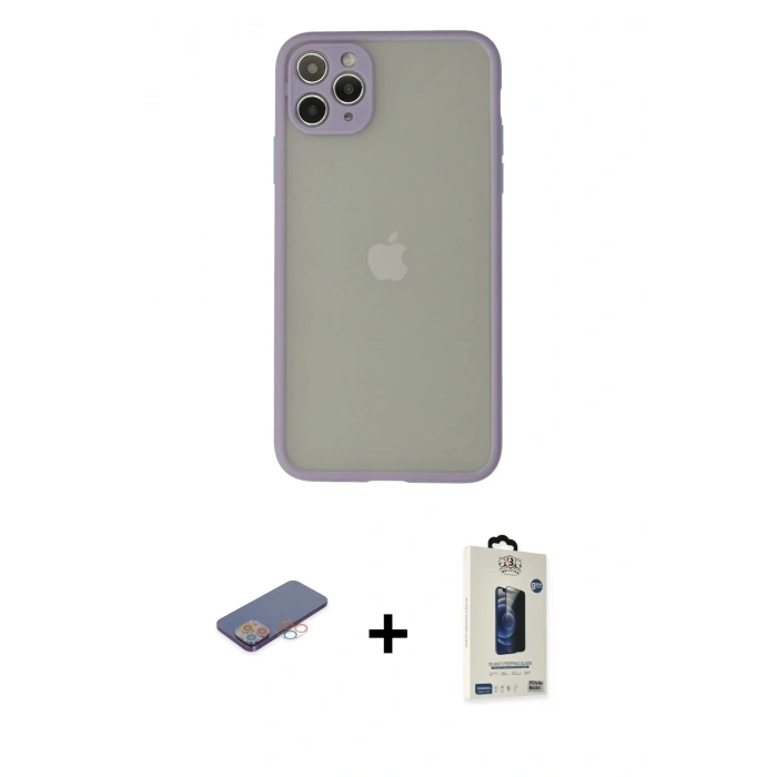 MARSİLYAN™- iPhone 12 Pro Max Kılıf Ahenk Çizgi Serisi - Siyah Bilvis Hayalet Cam Ekran Koruyucu + Renkli Kamera Lens Koruma Cam - PE