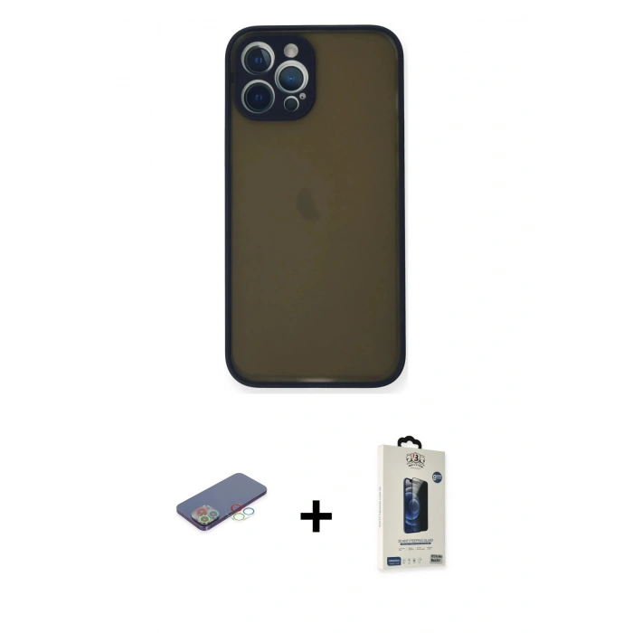 MARSİLYAN™- iPhone 12 Pro Max Kılıf Ahenk Çizgi Serisi - Siyah Bilvis Hayalet Cam Ekran Koruyucu + Renkli Kamera Lens Koruma Cam - MI
