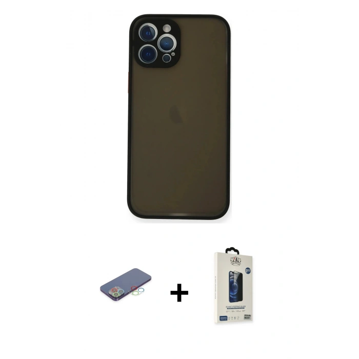 MARSİLYAN™- iPhone 12 Pro Max Kılıf Ahenk Çizgi Serisi - Siyah Bilvis Hayalet Cam Ekran Koruyucu + Renkli Kamera Lens Koruma Cam - MI