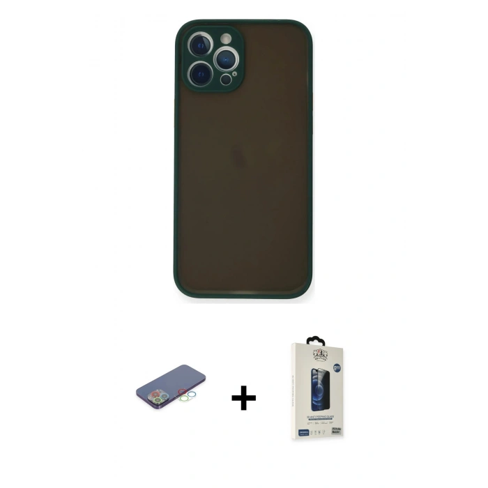 MARSİLYAN™- iPhone 12 Pro Max Kılıf Ahenk Çizgi Serisi - Siyah Bilvis Hayalet Cam Ekran Koruyucu + Renkli Kamera Lens Koruma Cam - MI