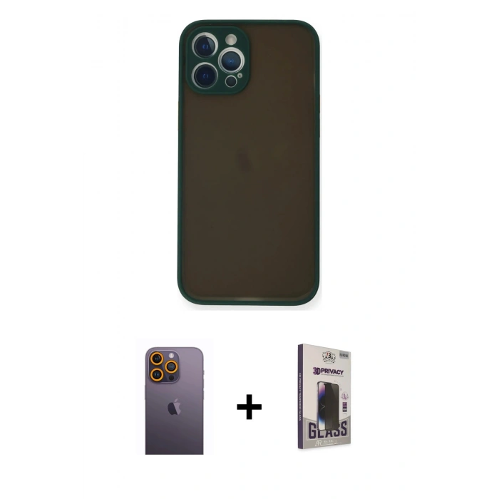 MARSİLYAN™- iPhone 12 Pro Max Kılıf Ahenk Çizgi Serisi - Siyah Bilvis Hayalet Cam Ekran Koruyucu + Neon Fosforlu Kamera Lens - SI