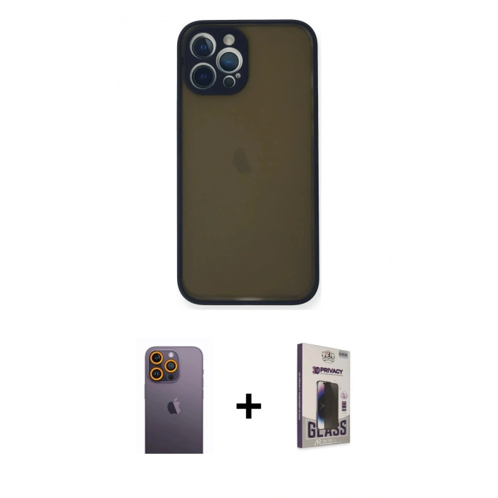 MARSİLYAN™- iPhone 12 Pro Max Kılıf Ahenk Çizgi Serisi - Siyah Bilvis Hayalet Cam Ekran Koruyucu + Neon Fosforlu Kamera Lens - SI