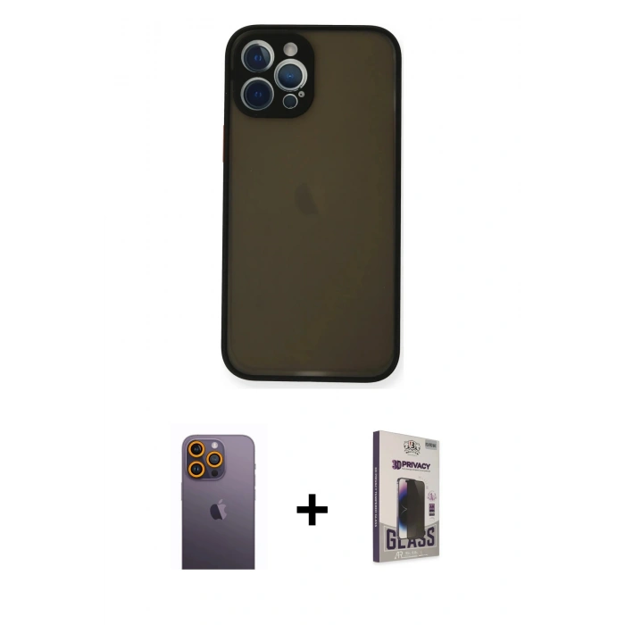 MARSİLYAN™- iPhone 12 Pro Max Kılıf Ahenk Çizgi Serisi - Siyah Bilvis Hayalet Cam Ekran Koruyucu + Neon Fosforlu Kamera Lens - SI