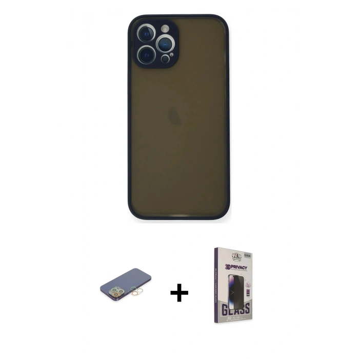 MARSİLYAN™- iPhone 12 Pro Max Kılıf Ahenk Çizgi Serisi - Siyah Bilvis Hayalet Cam Ekran Koruyucu + Renkli Kamera Lens Koruma Cam - SI
