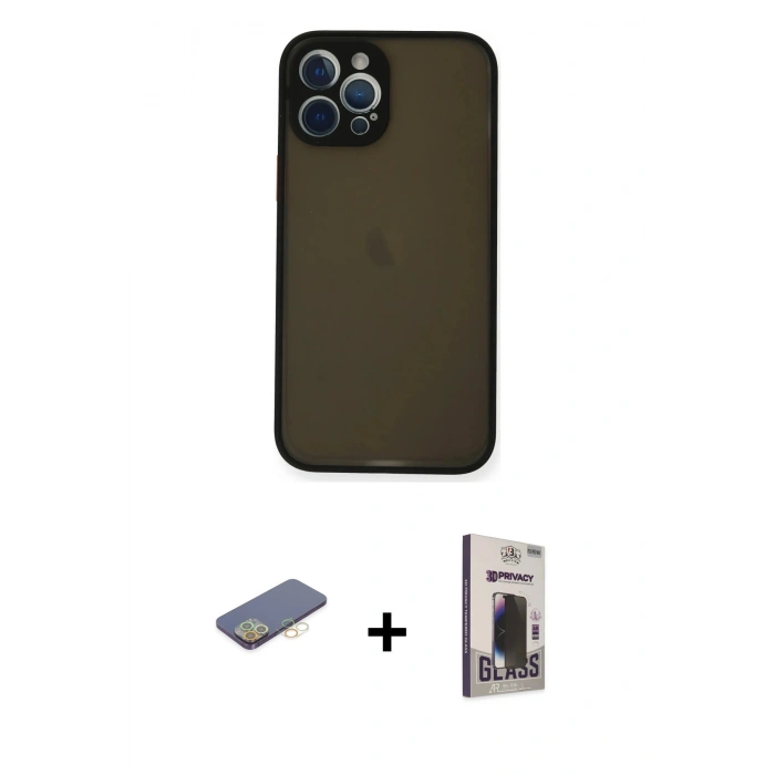 MARSİLYAN™- iPhone 12 Pro Max Kılıf Ahenk Çizgi Serisi - Siyah Bilvis Hayalet Cam Ekran Koruyucu + Renkli Kamera Lens Koruma Cam - SI