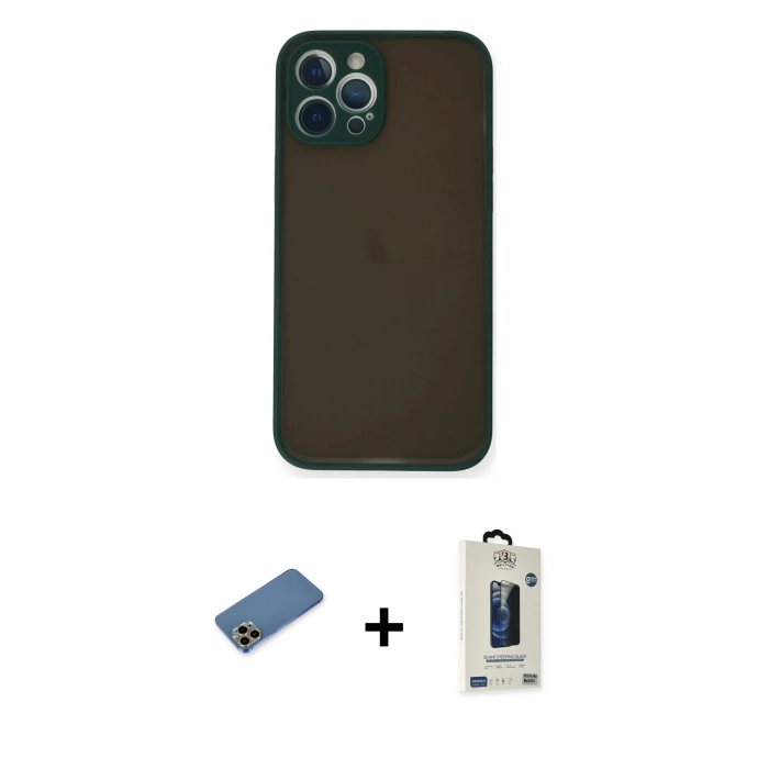 MARSİLYAN™- iPhone 12 Pro Max Kılıf Ahenk Çizgi Serisi - Siyah Bilvis Hayalet Cam Ekran Koruyucu + Shine Kamera Lens Koruma Cam - GD