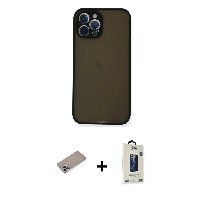 MARSİLYAN™- iPhone 12 Pro Max Kılıf Ahenk Çizgi Serisi - Siyah Bilvis Hayalet Cam Ekran Koruyucu + Shine Kamera Lens Koruma Cam - SABE