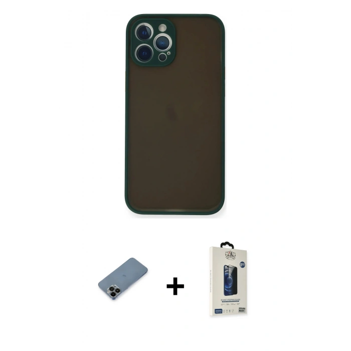 MARSİLYAN™- iPhone 12 Pro Max Kılıf Ahenk Çizgi Serisi - Siyah Bilvis Hayalet Cam Ekran Koruyucu + Shine Kamera Lens Koruma Cam - SH