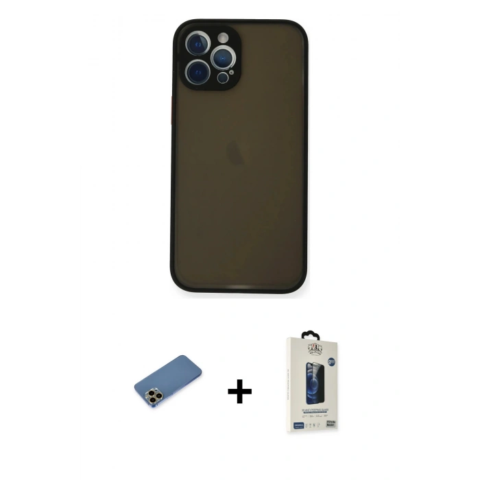 MARSİLYAN™- iPhone 12 Pro Max Kılıf Ahenk Çizgi Serisi - Siyah Bilvis Hayalet Cam Ekran Koruyucu + Shine Kamera Lens Koruma Cam - GD