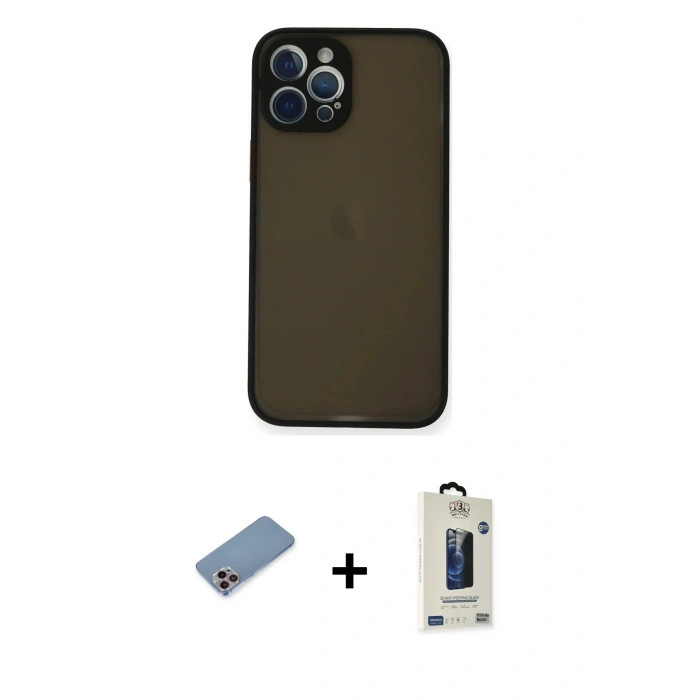 MARSİLYAN™- iPhone 12 Pro Max Kılıf Ahenk Çizgi Serisi - Siyah Bilvis Hayalet Cam Ekran Koruyucu + Shine Kamera Lens Koruma Cam - PE